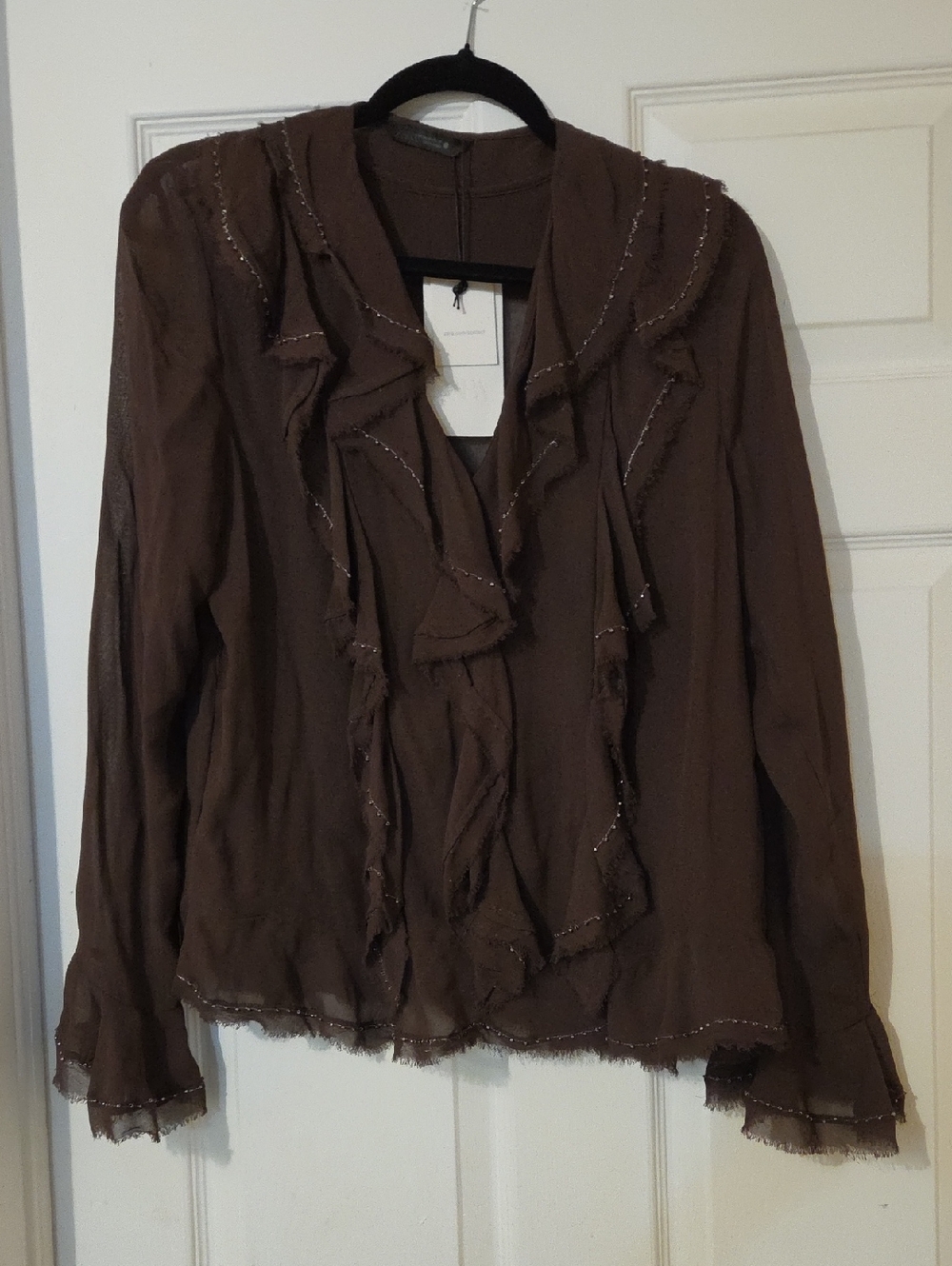 Zara Brown Ruffle-Trim Long Sleeve Blouse
